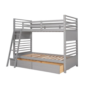HomeRoots Gray Twin Over Twin Solid Wood Bunk Bed with Versatile Storage, Safety Features & Modern Style 606670