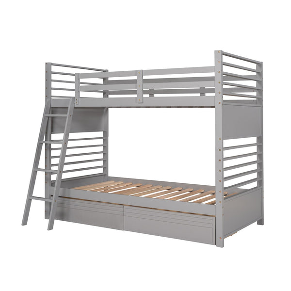 HomeRoots Gray Twin Over Twin Solid Wood Bunk Bed with Versatile Storage, Safety Features & Modern Style 606670