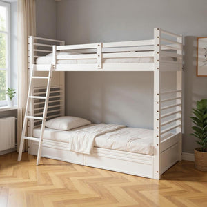 HomeRoots White Twin Over Twin Solid Wood Bunk Bed with Drawers, Storage & Safety Features for Kids' Rooms 606671