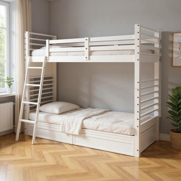 HomeRoots White Twin Over Twin Solid Wood Bunk Bed with Drawers, Storage & Safety Features for Kids' Rooms 606671