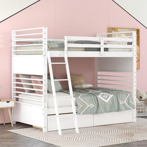 HomeRoots White Twin Over Twin Solid Wood Bunk Bed with Drawers, Storage & Safety Features for Kids' Rooms 606671