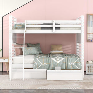 HomeRoots White Twin Over Twin Solid Wood Bunk Bed with Drawers, Storage & Safety Features for Kids' Rooms 606671