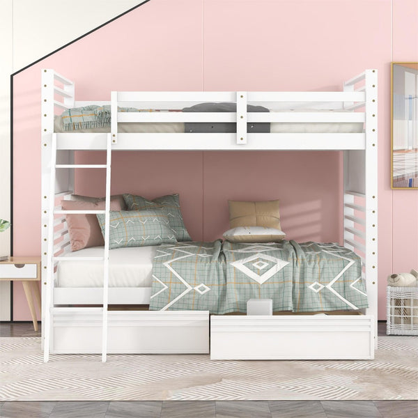 HomeRoots White Twin Over Twin Solid Wood Bunk Bed with Drawers, Storage & Safety Features for Kids' Rooms 606671