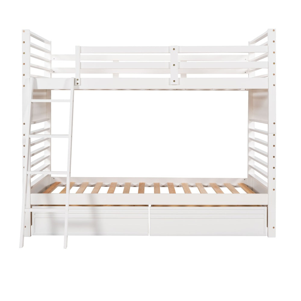 HomeRoots White Twin Over Twin Solid Wood Bunk Bed with Drawers, Storage & Safety Features for Kids' Rooms 606671