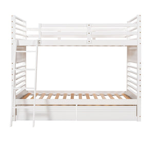 HomeRoots White Twin Over Twin Solid Wood Bunk Bed with Drawers, Storage & Safety Features for Kids' Rooms 606671