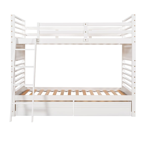 HomeRoots White Twin Over Twin Solid Wood Bunk Bed with Drawers, Storage & Safety Features for Kids' Rooms 606671