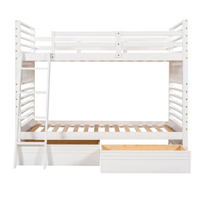 HomeRoots White Twin Over Twin Solid Wood Bunk Bed with Drawers, Storage & Safety Features for Kids' Rooms 606671