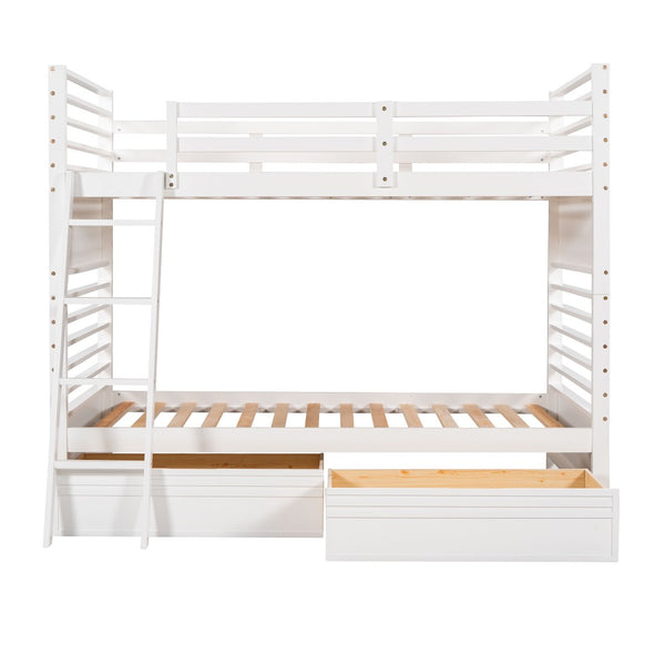 HomeRoots White Twin Over Twin Solid Wood Bunk Bed with Drawers, Storage & Safety Features for Kids' Rooms 606671