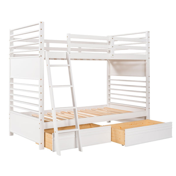 HomeRoots White Twin Over Twin Solid Wood Bunk Bed with Drawers, Storage & Safety Features for Kids' Rooms 606671