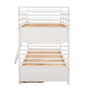 HomeRoots White Twin Over Twin Solid Wood Bunk Bed with Drawers, Storage & Safety Features for Kids' Rooms 606671