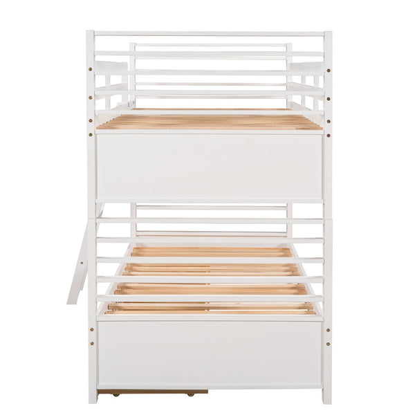 HomeRoots White Twin Over Twin Solid Wood Bunk Bed with Drawers, Storage & Safety Features for Kids' Rooms 606671