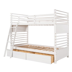 HomeRoots White Twin Over Twin Solid Wood Bunk Bed with Drawers, Storage & Safety Features for Kids' Rooms 606671