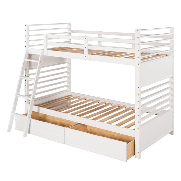 HomeRoots White Twin Over Twin Solid Wood Bunk Bed with Drawers, Storage & Safety Features for Kids' Rooms 606671