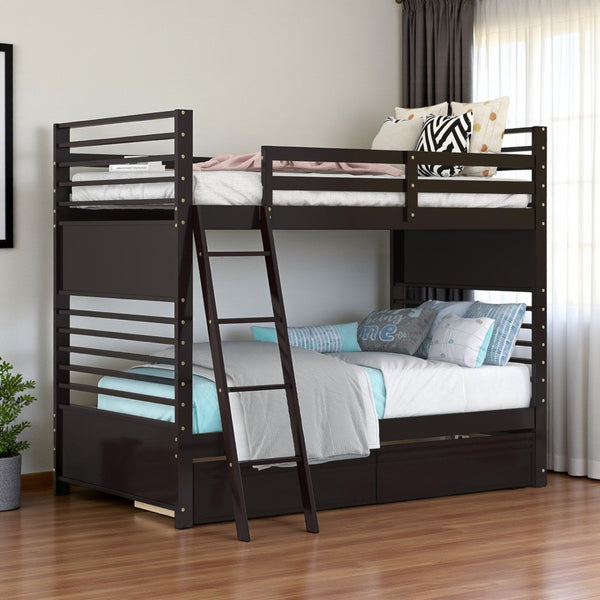 HomeRoots Espresso Twin Over Twin Solid Wood Bunk Bed with Smart Storage & Safe Design for Flexible Living Spaces 606672