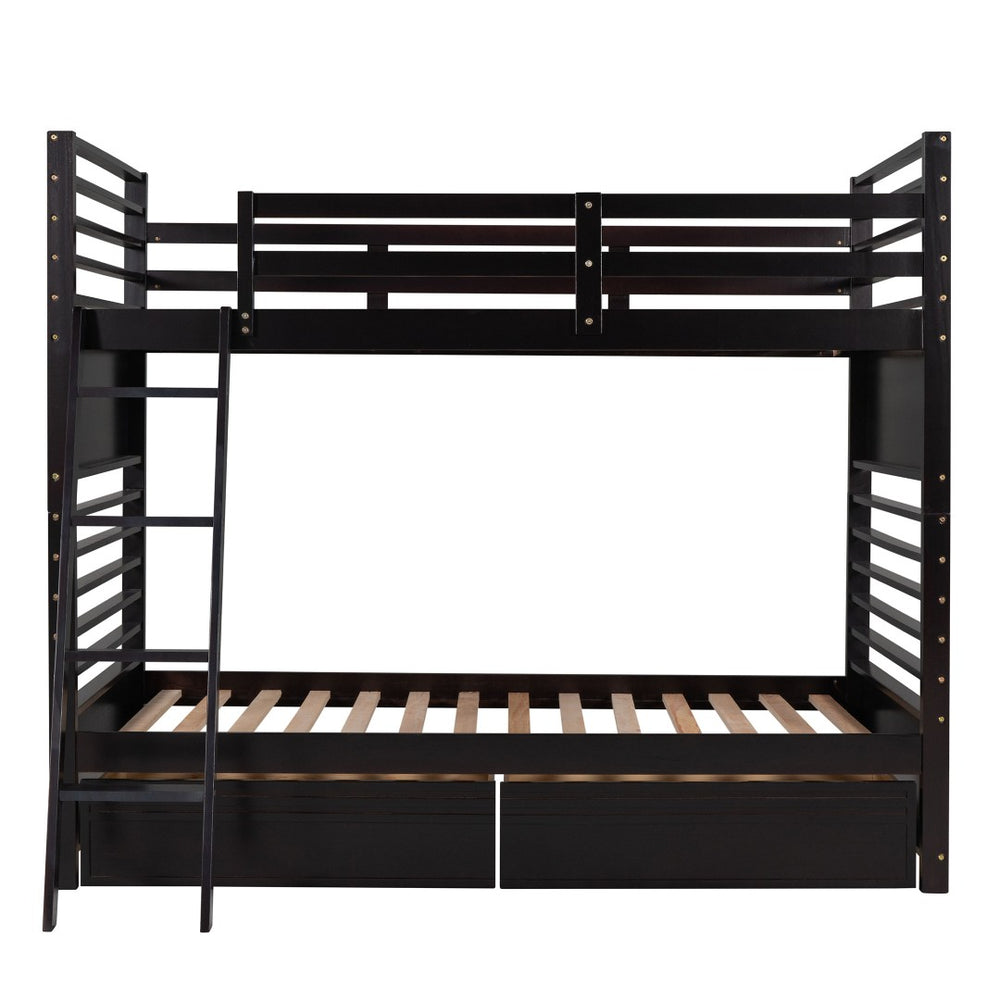 HomeRoots Espresso Twin Over Twin Solid Wood Bunk Bed with Smart Storage & Safe Design for Flexible Living Spaces 606672