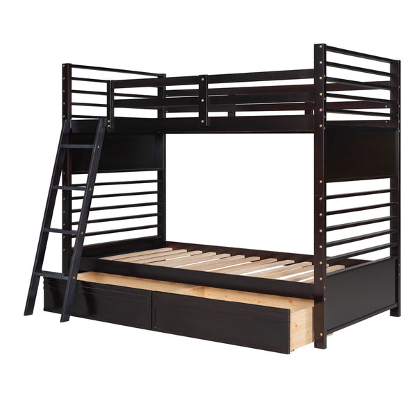 HomeRoots Espresso Twin Over Twin Solid Wood Bunk Bed with Smart Storage & Safe Design for Flexible Living Spaces 606672