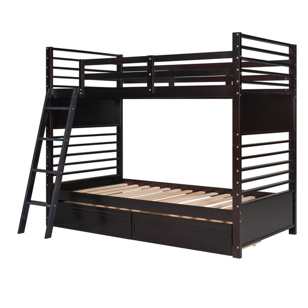 HomeRoots Espresso Twin Over Twin Solid Wood Bunk Bed with Smart Storage & Safe Design for Flexible Living Spaces 606672