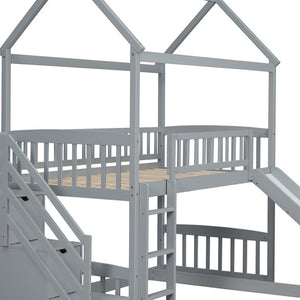 HomeRoots Gray Solid Wood Bunk Bed with Fun Slide, Stairs, Storage Drawers - Perfect for Kids & Guests! 606673