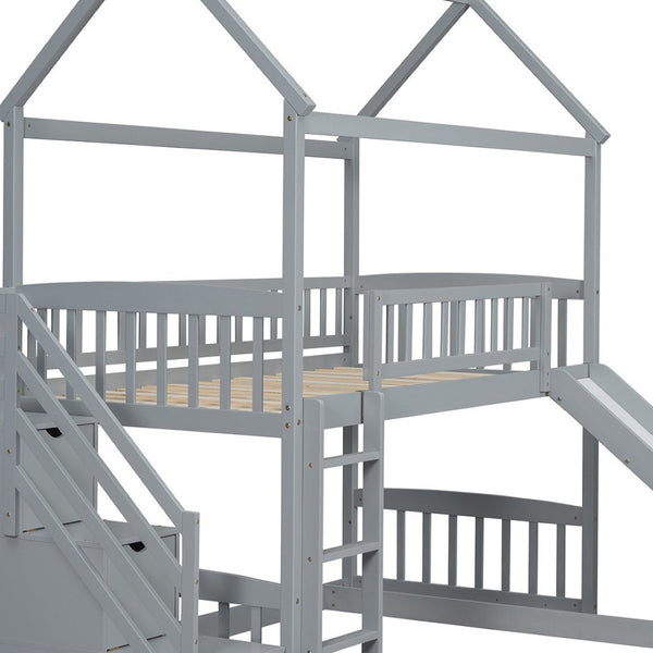 HomeRoots Gray Solid Wood Bunk Bed with Fun Slide, Stairs, Storage Drawers - Perfect for Kids & Guests! 606673