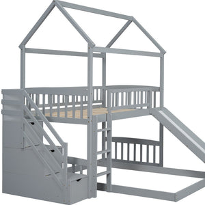 HomeRoots Gray Solid Wood Bunk Bed with Fun Slide, Stairs, Storage Drawers - Perfect for Kids & Guests! 606673