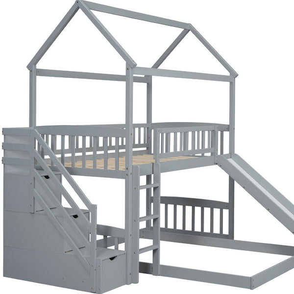 HomeRoots Gray Solid Wood Bunk Bed with Fun Slide, Stairs, Storage Drawers - Perfect for Kids & Guests! 606673