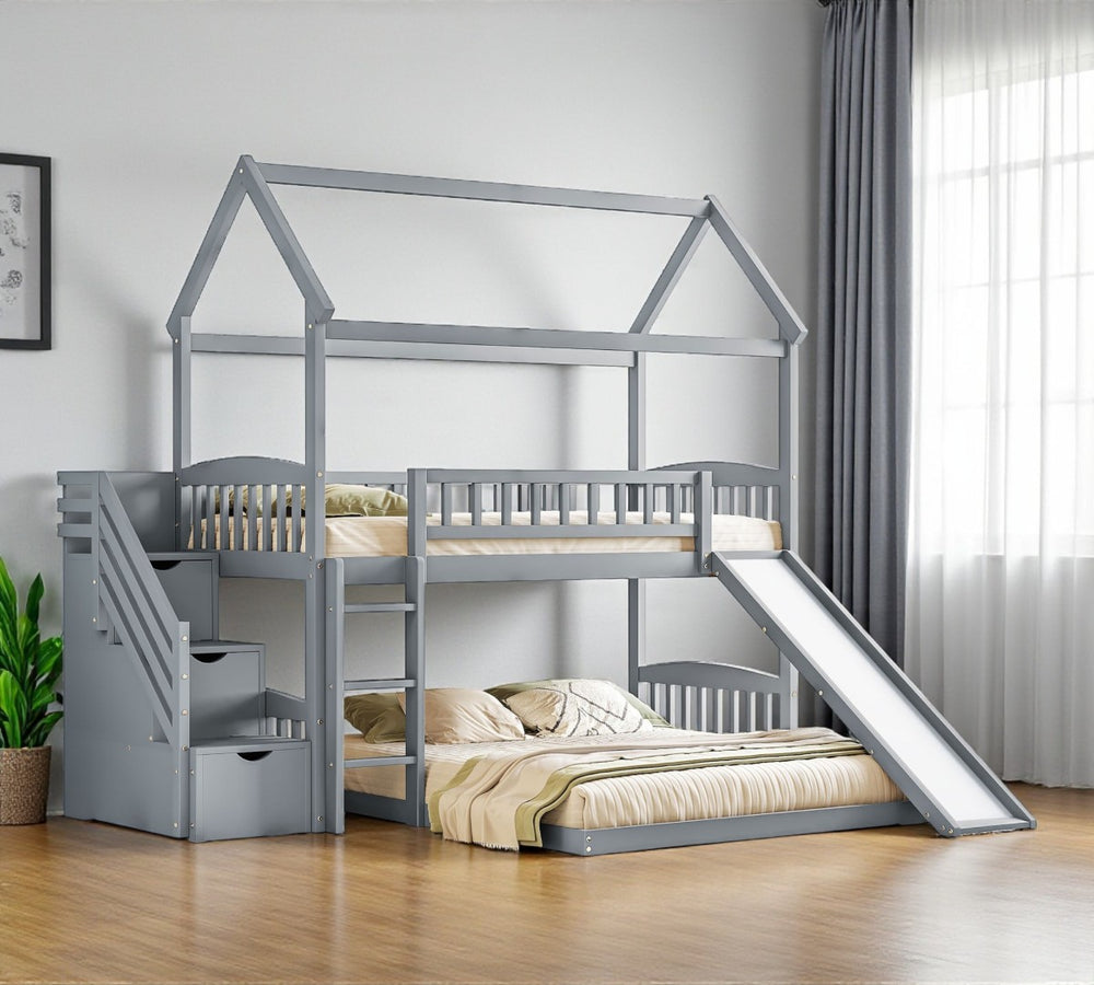 HomeRoots Gray Solid Wood Bunk Bed with Fun Slide, Stairs, Storage Drawers - Perfect for Kids & Guests! 606673