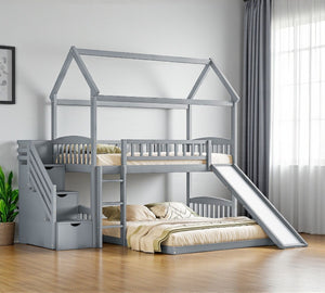 HomeRoots Gray Solid Wood Bunk Bed with Fun Slide, Stairs, Storage Drawers - Perfect for Kids & Guests! 606673