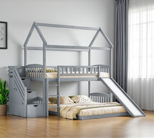 HomeRoots Gray Solid Wood Bunk Bed with Fun Slide, Stairs, Storage Drawers - Perfect for Kids & Guests! 606673