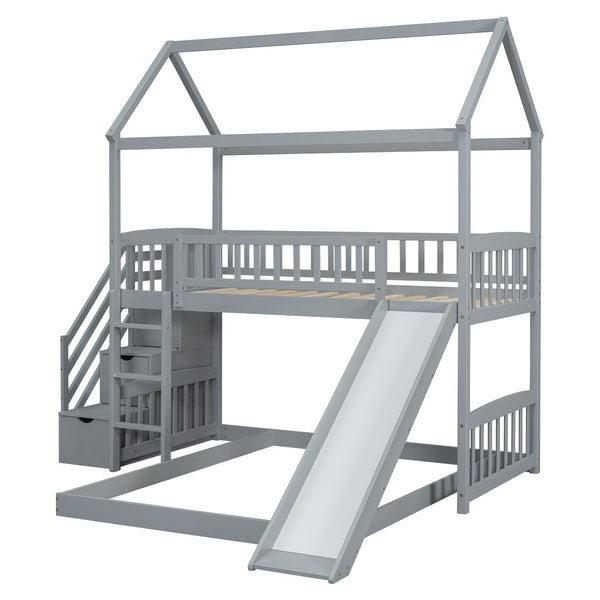 HomeRoots Gray Solid Wood Bunk Bed with Fun Slide, Stairs, Storage Drawers - Perfect for Kids & Guests! 606673