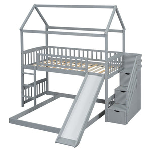 HomeRoots Gray Solid Wood Bunk Bed with Fun Slide, Stairs, Storage Drawers - Perfect for Kids & Guests! 606673