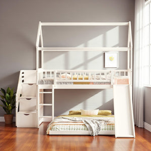 HomeRoots White Full Over Twin Solid Wood Bunk Bed with Stairs, Slide, Storage Drawers for Kids' Rooms 606674