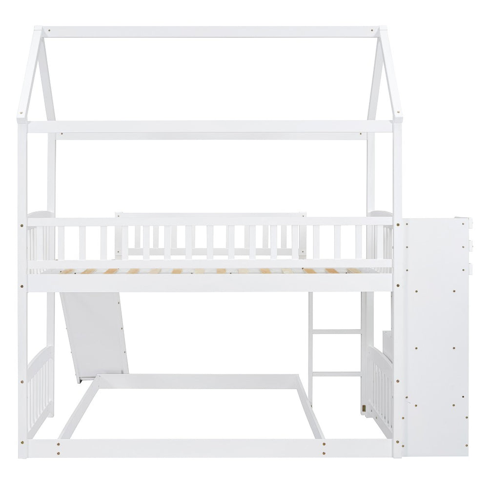 HomeRoots White Full Over Twin Solid Wood Bunk Bed with Stairs, Slide, Storage Drawers for Kids' Rooms 606674