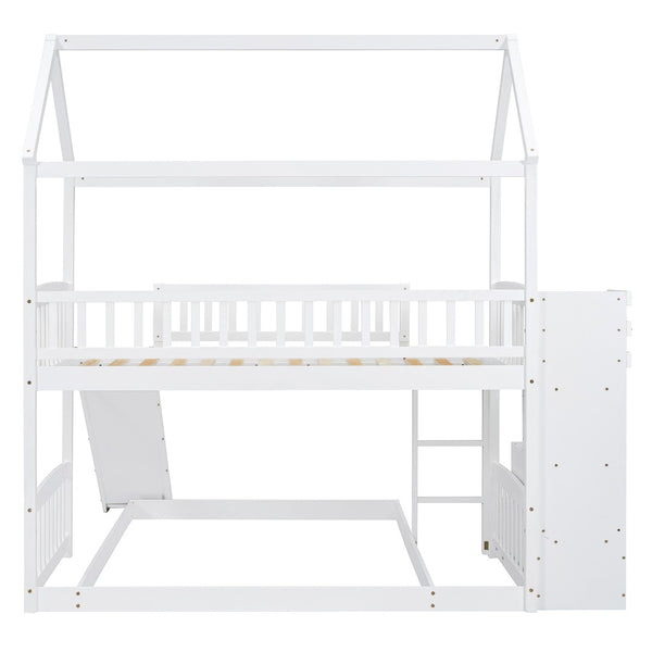 HomeRoots White Full Over Twin Solid Wood Bunk Bed with Stairs, Slide, Storage Drawers for Kids' Rooms 606674