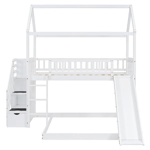 HomeRoots White Full Over Twin Solid Wood Bunk Bed with Stairs, Slide, Storage Drawers for Kids' Rooms 606674
