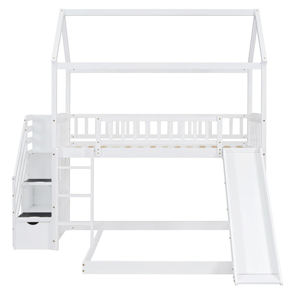 HomeRoots White Full Over Twin Solid Wood Bunk Bed with Stairs, Slide, Storage Drawers for Kids' Rooms 606674
