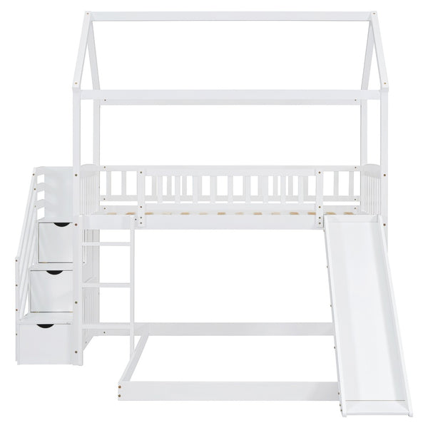 HomeRoots White Full Over Twin Solid Wood Bunk Bed with Stairs, Slide, Storage Drawers for Kids' Rooms 606674