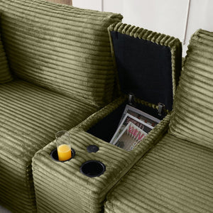 English Elm Modular Cloud Sectional Sofa with Corduroy Deep Seating Usb Ports and Storage Ottoman Green W1117S00361