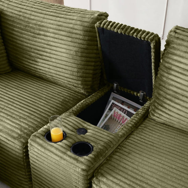 English Elm Modular Cloud Sectional Sofa with Corduroy Deep Seating Usb Ports and Storage Ottoman Green W1117S00361