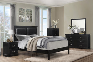 English Elm Classic Black Queen Panel Bed With Faux-Leather Headboard - Stylish Wooden Bedroom Furniture Piece B011S01312