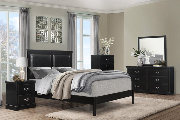 English Elm Classic Black Queen Panel Bed With Faux-Leather Headboard - Stylish Wooden Bedroom Furniture Piece B011S01312