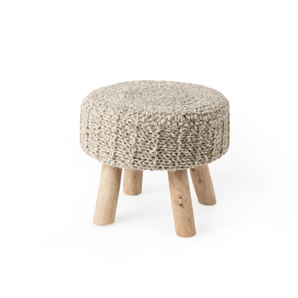 HomeRoots 19" Cozy Taupe and Brown Wool Round Footstool with Solid Wood Legs - Versatile Accent for Home Use 606712