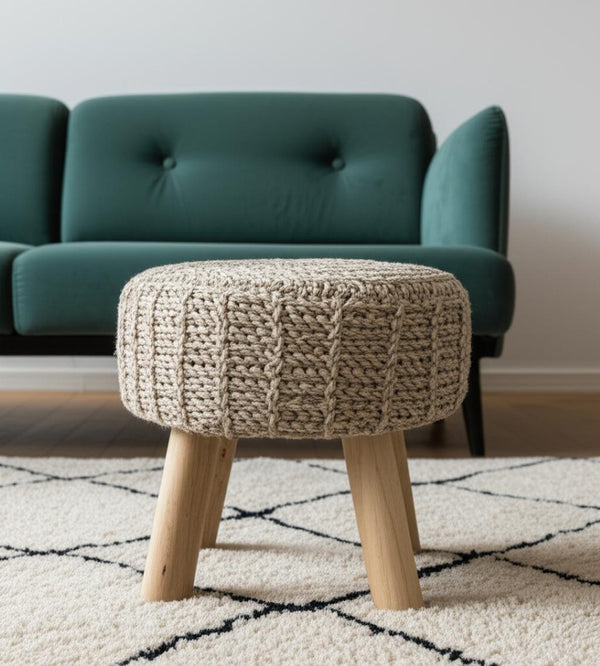HomeRoots 19" Cozy Taupe and Brown Wool Round Footstool with Solid Wood Legs - Versatile Accent for Home Use 606712