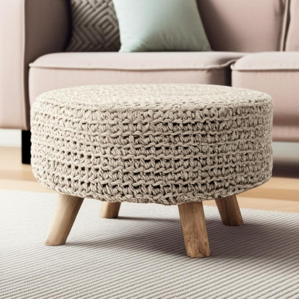 HomeRoots 24" Cozy Gray and Brown Wool Round Footstool - Stylish Multi-Use Accent for Living Spaces, 250 lbs Capacity 606713