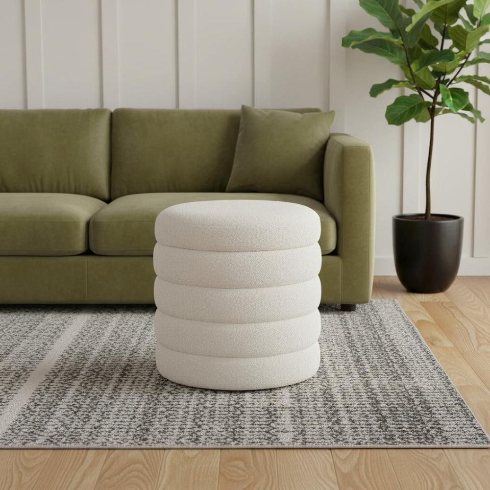 HomeRoots 19" Cream Boucle Round Storage Ottoman - Stylish, Versatile Seating with Hidden Storage for Any Space 606721