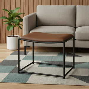 HomeRoots 23" Stylish Brown Leather Footstool with Matte Black Metal Frame - Versatile, Modern Design! 606723