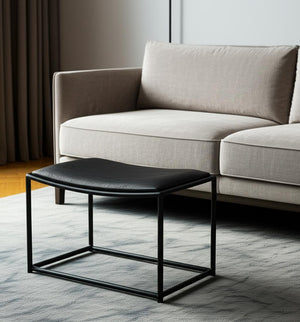 HomeRoots 23" Modern Black Metal Footstool with Genuine Leather Seat - Versatile, Stylish & Comfortable Addition 606725