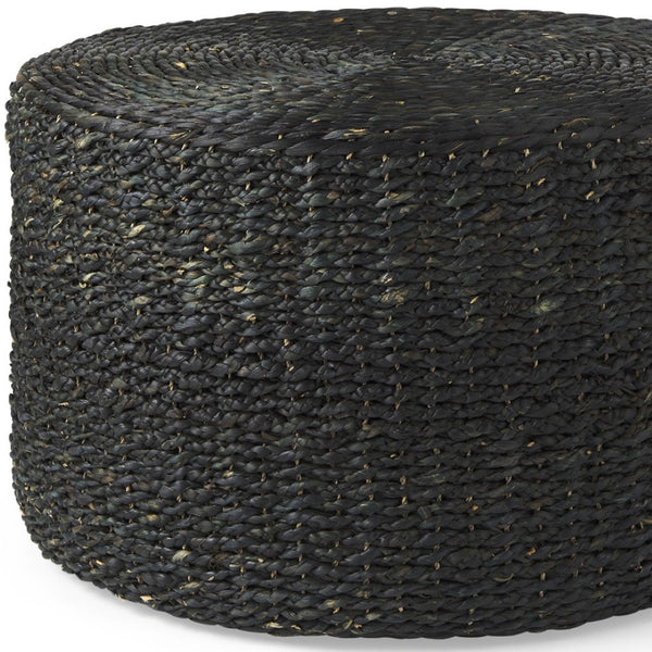 HomeRoots 30" Black Water Hyacinth Pouf Ottoman - Boho-Chic Multitasking Accent for Living Rooms & Bedrooms 606728