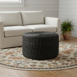 HomeRoots 30" Black Water Hyacinth Pouf Ottoman - Boho-Chic Multitasking Accent for Living Rooms & Bedrooms 606728