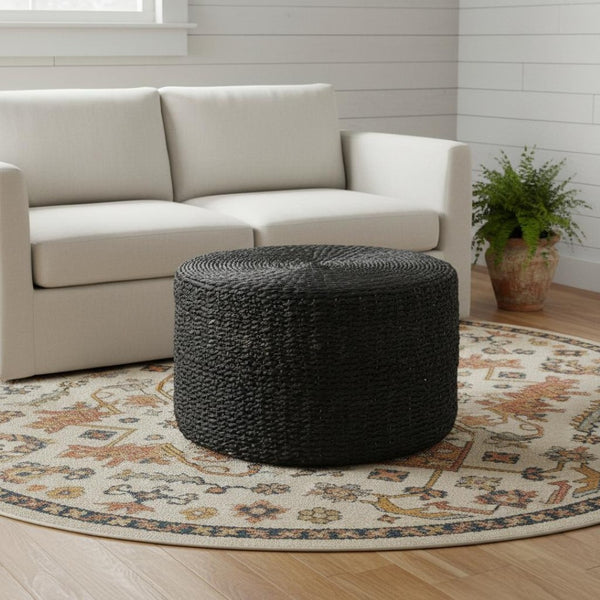 HomeRoots 30" Black Water Hyacinth Pouf Ottoman - Boho-Chic Multitasking Accent for Living Rooms & Bedrooms 606728