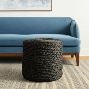 HomeRoots 18" Black Water Hyacinth Round Pouf Ottoman - Versatile Eco-Friendly Accent for Boho & Coastal Decor 606729